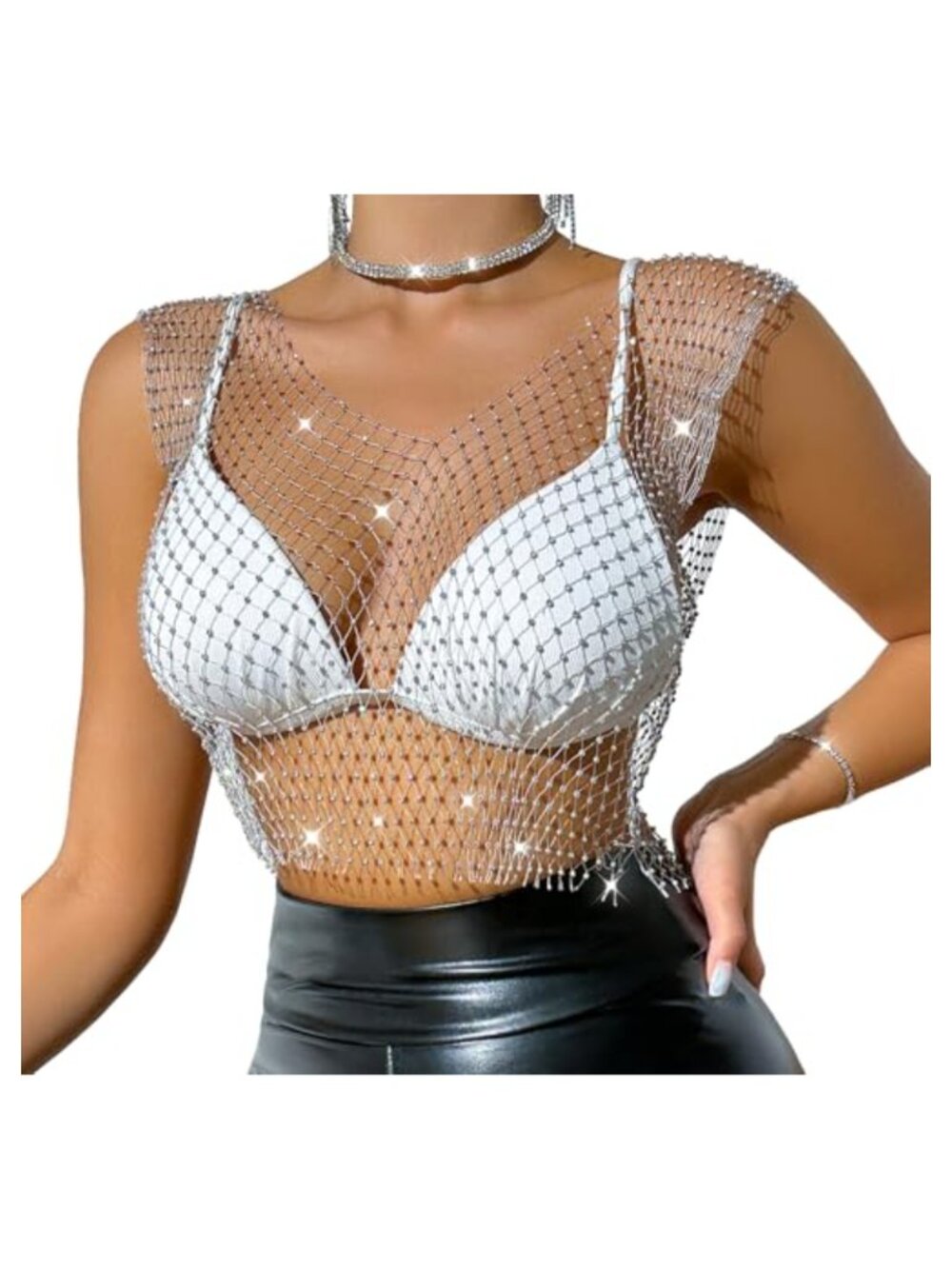 Mesh Rhinestone Crop Top Sheer Tank Sexy Club Festival Hollow Out